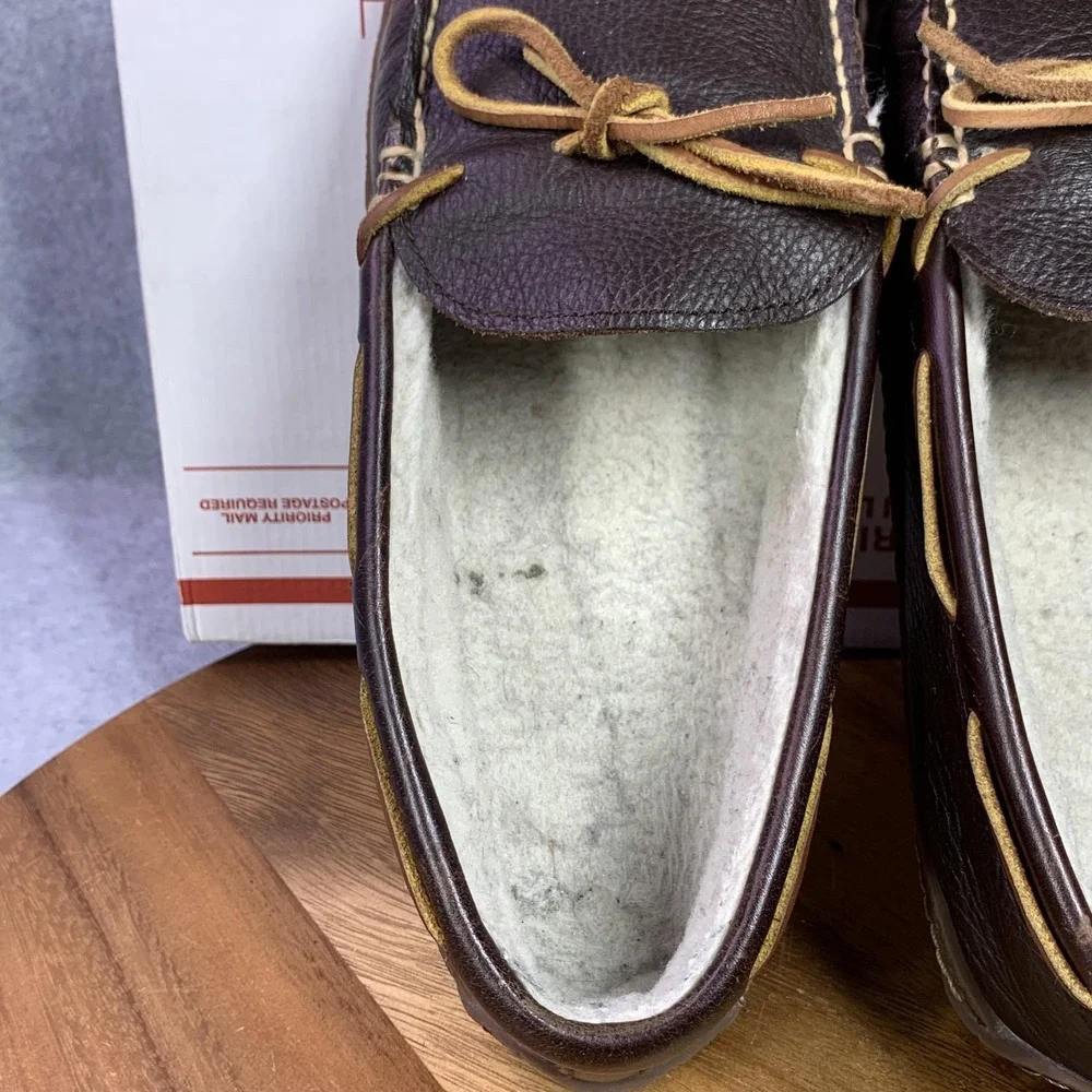 L.L. Bean Shoes Mens 11 Brown Leather Moccasin Fleece Lined Slippers Boat Preppy